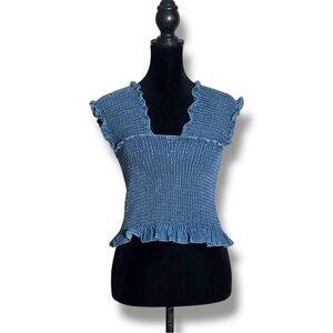 Unbranded Funky Denim Blue Smocked Women's Sleeveless Cropped Rouched Top
